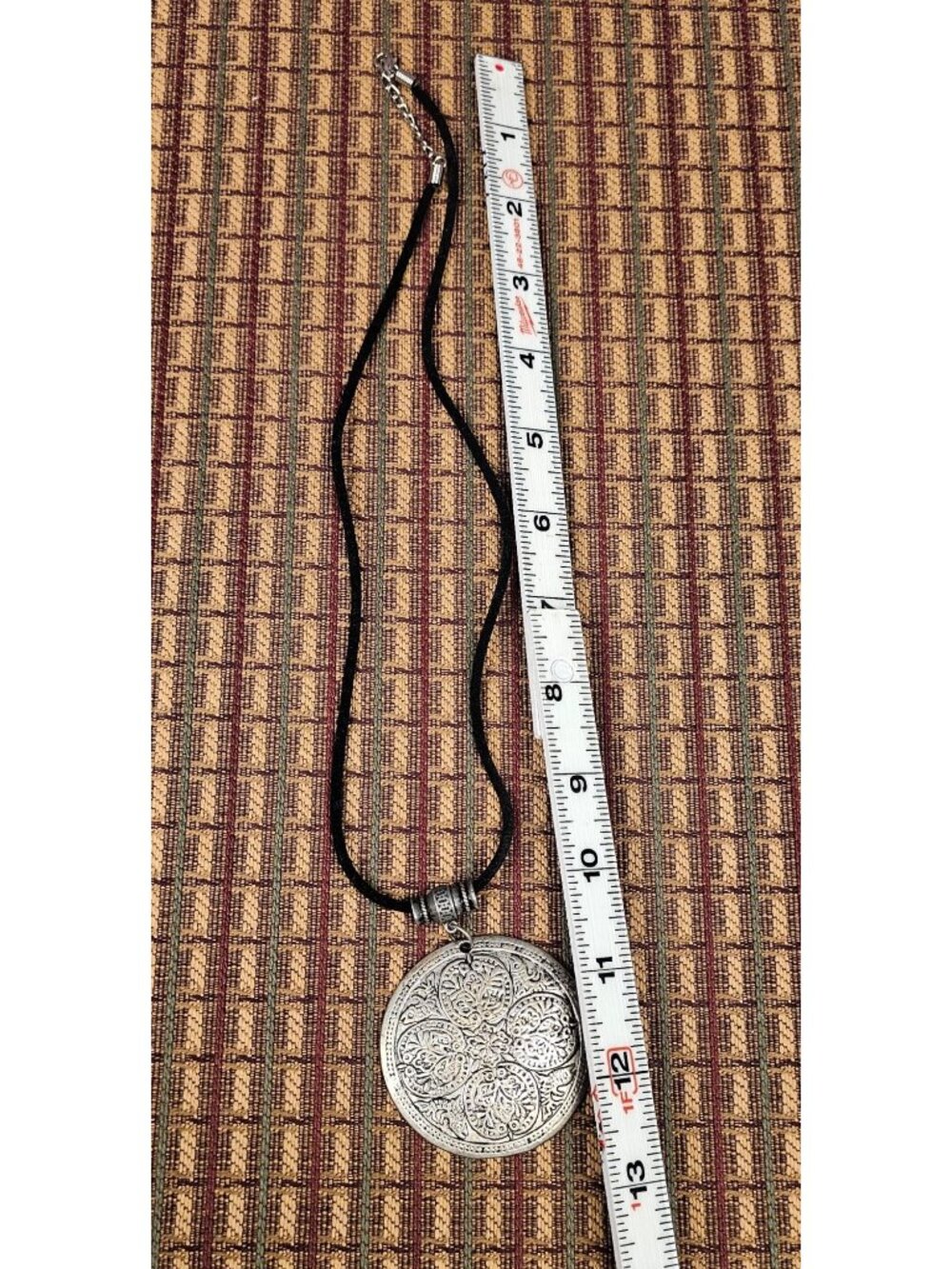 Vintage Silver-Tone Medallion Necklace With Black Cord & Adjustable Chain
